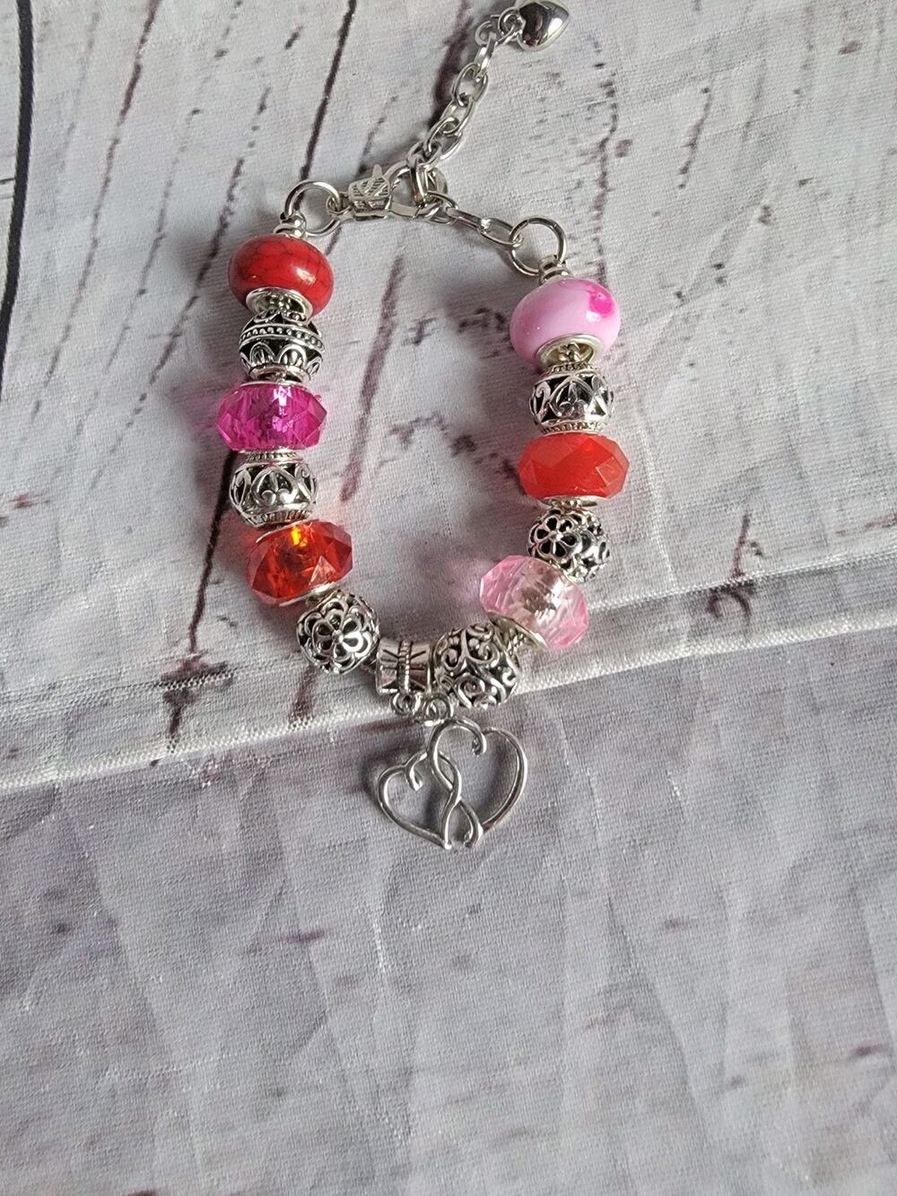 Pink Red Valentines Themed Silver Tone Glass Beads Charm Bracelet Handmade